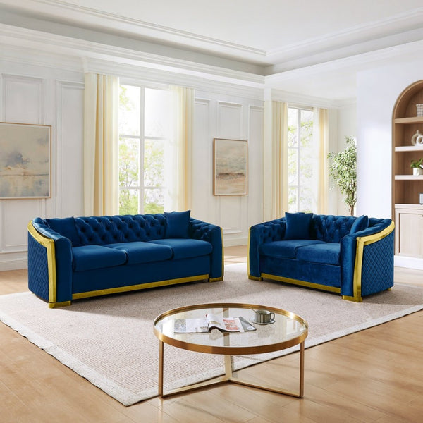 English Elm Luxury Velvet Tufted Chesterfield Loveseat with Gold Steel Trim for Living Room Navy Blue W1191S00117