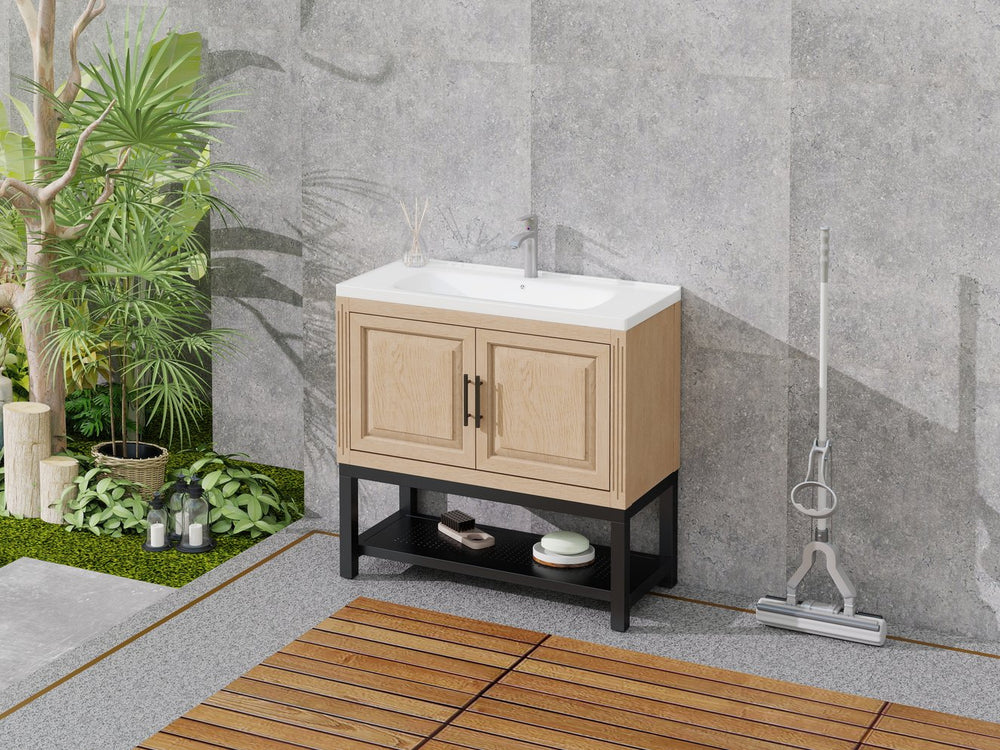English Elm 36" Freestanding Bathroom Vanity with White Ceramic Sink, Adjustable Feet, Metal Hinges, Shelf Natural W688P224379