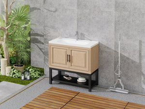 English Elm 36" Freestanding Bathroom Vanity with White Ceramic Sink, Adjustable Feet, Metal Hinges, Shelf Natural W688P224379