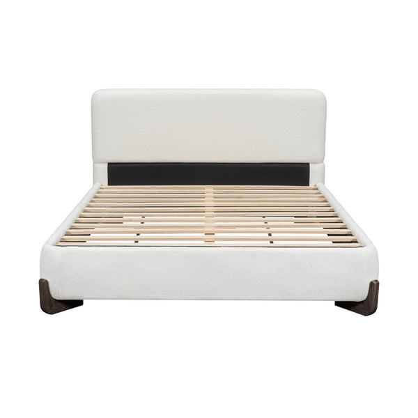 English Elm Elegant Boucle Queen Bed Solid Wood Legs Upholstered Headboard Modern Neutral Bedroom N769Q333728B