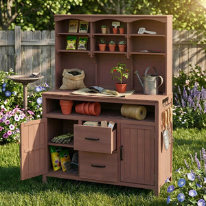 English Elm (with Hutch) Topmax Solid Fir Outdoor Potting Bench Station Cabinets Drawers Patio Garden Brown N717P404332D