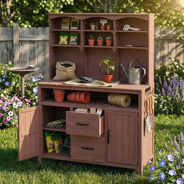 English Elm (with Hutch) Topmax Solid Fir Outdoor Potting Bench Station Cabinets Drawers Patio Garden Brown N717P404332D