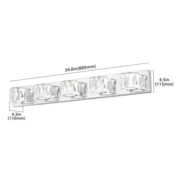 English Elm 35" Modern Crystal 5-Light LED Wall Sconce Chrome Finish, 1625lm 6000K Vanity Light for Bath/Hallway W2312P374925