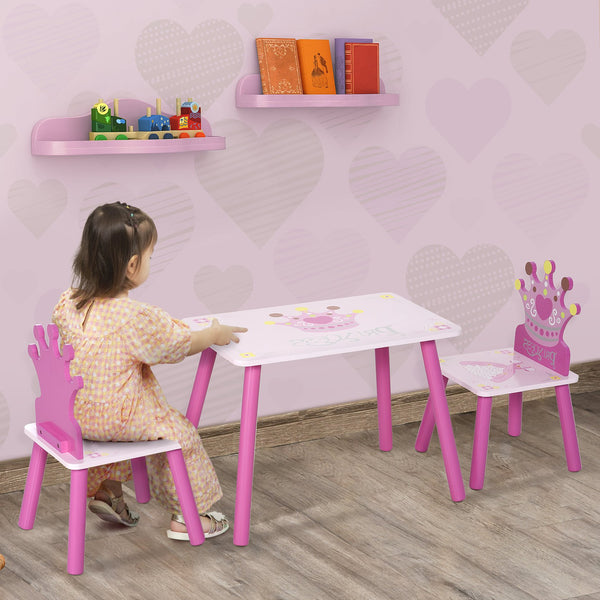 English Elm Qaba Pink 3-Piece Kids Wooden Table & 2 High-Back Chairs with Crown Design for Toddlers Age 2-4 W2225P229159