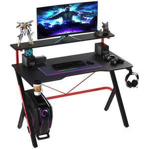 English Elm HOMCOM 47" Gaming Desk with Elevated Monitor Shelf, Carbon-Fiber Top, K-Frame, Cup Holder Hook Cable Management W2225S00062