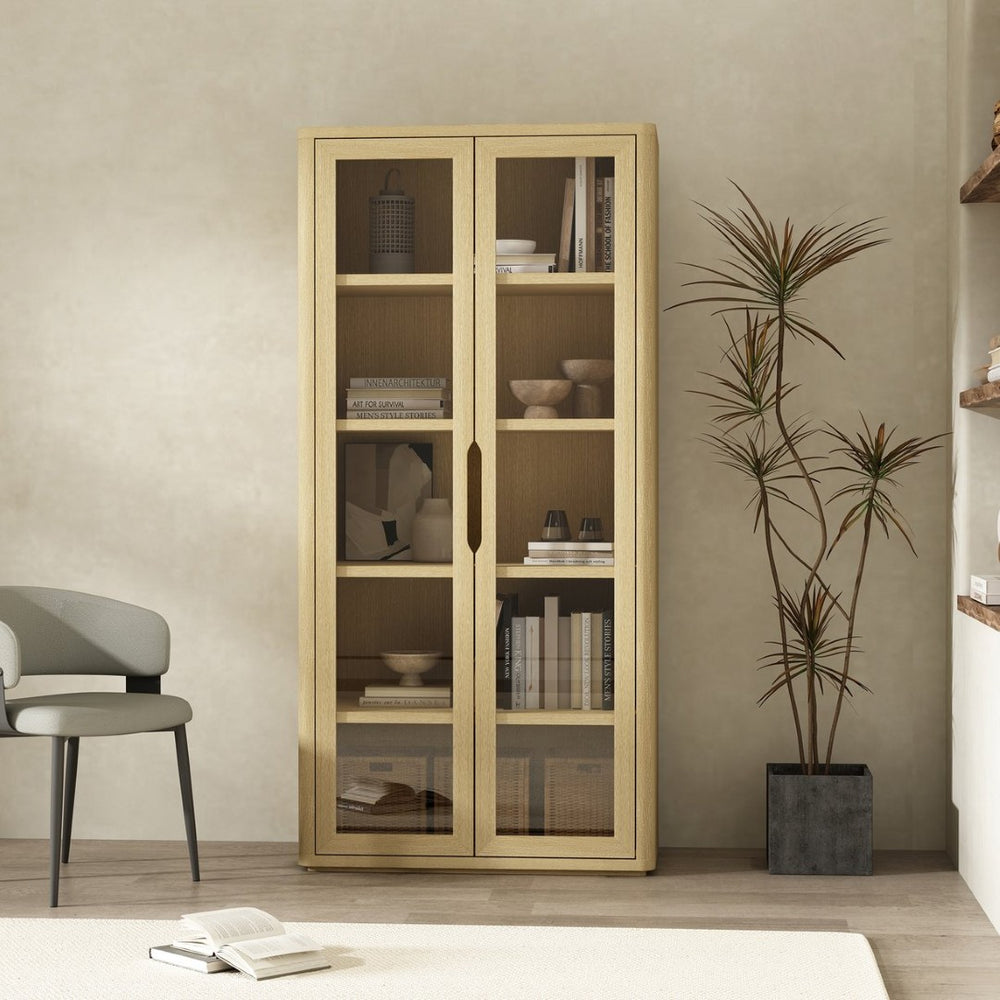 English Elm Rivington 38" Natural Oak Bookcase Cabinet With Glass Doors & Adjustable Shelves For Modern Living B365S00017-GIGA