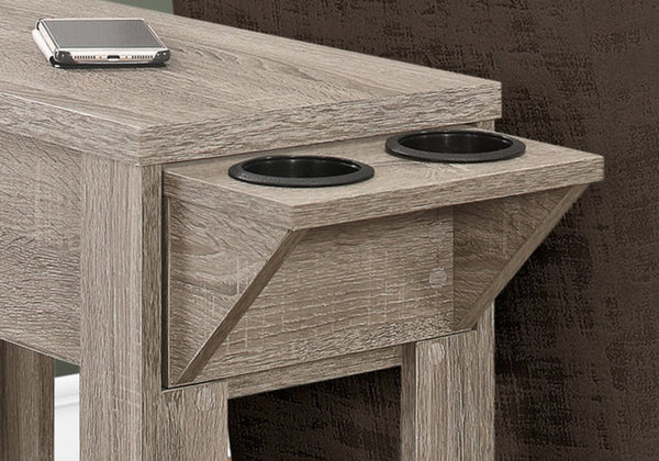 English Elm Accent Table Compact Side End with Drop-Down Cup Holder, Hidden Drawer & Shelf in Brown Laminate Finish taupe 28 L x 16 W x 8 H B2710P219220