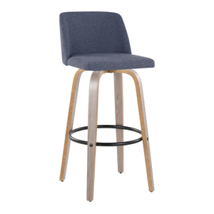 English Elm Toriano 30" Contemporary Barstool Set of 2 — Swivel Padded Blue Fabric, Bent Wood Legs & Footrest B202S00657