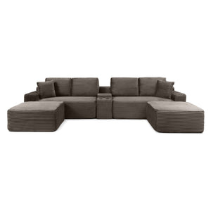 English Elm 125'' Modular L-shape Sectional Corduroy Cloud Couch with Storage and Usb Charging Camel W1117S00428