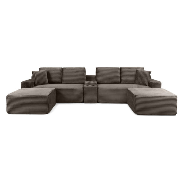 English Elm 150'' Modular Corduroy Sectional with Deep Seating Usb Ports and Hidden Storage Camel W1117S00407