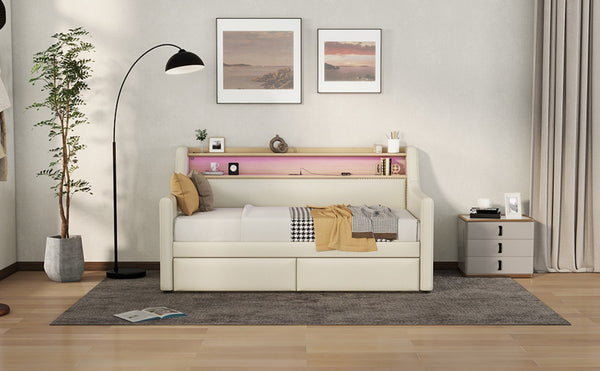 English Elm Twin Size Daybed With Storage Drawers, Charging Station & Led Lights - Stylish Beige Upholstered Design W1580S00033-GIGA