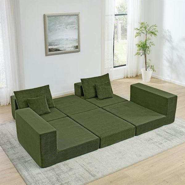 English Elm Modular Cloud Sectional Sofa with Corduroy Upholstery, Deep-Seat Sleeper Loveseat, Removable Ottoman, No-Assembly Comfort and Customizable Configuration Green W1117P357544