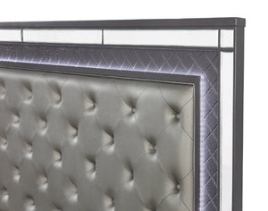 English Elm Modern Upholstered Headboard Queen Bed with Button Tufting, Glass Inlay & LED Lighting, Faux Leather Finish Elegance Gray 66 L x 47 W x 7 H B011S01215