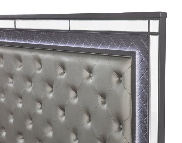 English Elm Modern Upholstered Headboard Queen Bed with Button Tufting, Glass Inlay & LED Lighting, Faux Leather Finish Elegance Gray 66 L x 47 W x 7 H B011S01215
