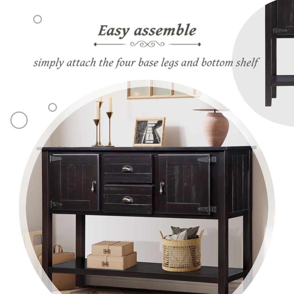 English Elm 48'' Solid Wood Console Table Retro Sideboard with 2 Drawers, Cabinets & Bottom Shelf — Espresso Finish, Sturdy Durable Design (48"L x 14"W x 34"H) W1202P263636