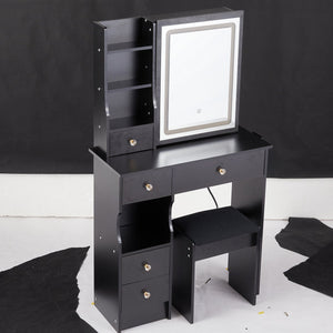 English Elm 29.2" Compact Vanity Table With Led Mirror & Cushioned Stool - Space-Saving Design For Small Rooms W936P226035