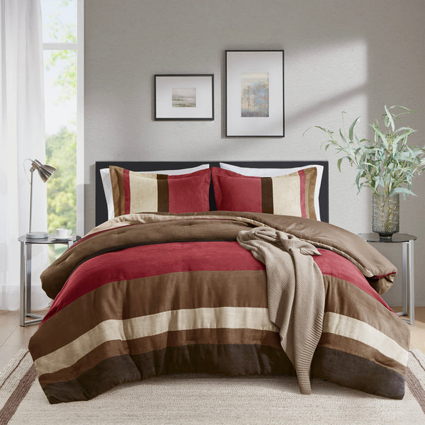 JLA Home Comfort Spaces - Pieced Faux Suede Comforter Set with Transitional Pieced Stripe Design, Lightweight Year-Round Warmth Brick AM10-0292