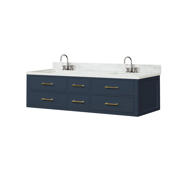English Elm Blue Double Bath Vanity 72" W X 22" D With Luxurious Carrara Marble Top & Soft-Close Faucet Set B2731P258074