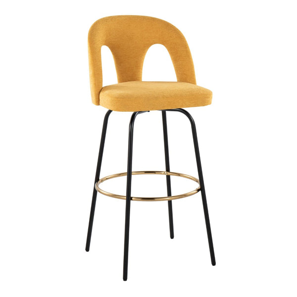 English Elm Fixed-height Swivel Barstools with Gold Footrest Black Frame White Upholstery Set B202S01874