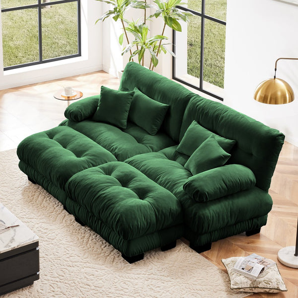 English Elm Cloud 2-Seater Sleeper Sofa In Chenille Green - Modern Vintage Comfort With Pillows & Ottomans W714S01090