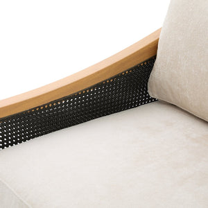 English Elm Mid-century Loveseat with Rattan Armrests Chenille Upholstery and Rubberwood Legs N763P379762Z