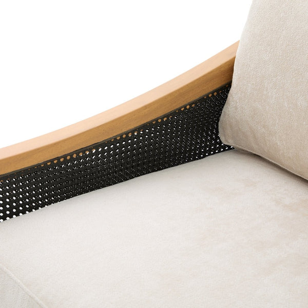 English Elm Mid-century Loveseat with Rattan Armrests Chenille Upholstery and Rubberwood Legs N763P379762Z
