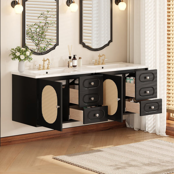 English Elm 30" Mid-Century Bathroom Vanity with Ceramic Sink, Rattan Accent, 2 Soft-Close Drawers, Large Storage Space N710P265954B