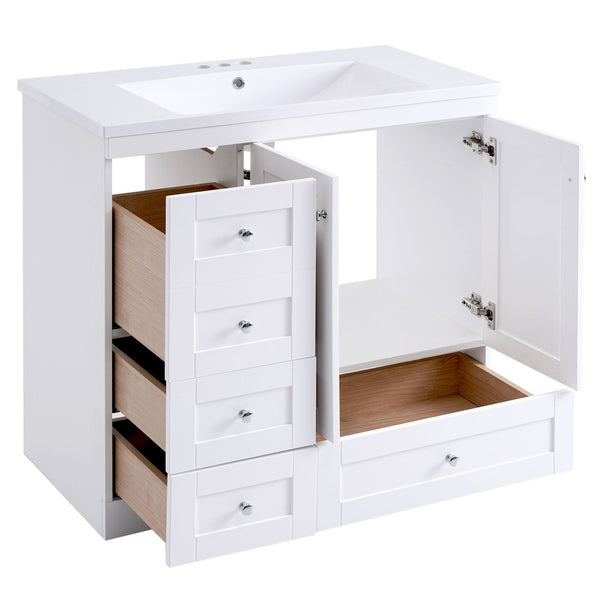English Elm 36 Inch Shaker Bathroom Vanity with Resin Sink Four Soft Close Drawers Mdf Cabinet White N729P000028K