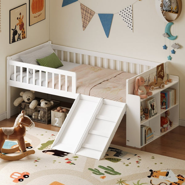 English Elm Twin Platform Kids Bed with Slide Ladder Guardrails Storage Shelf Wood Frame White N733S415411K