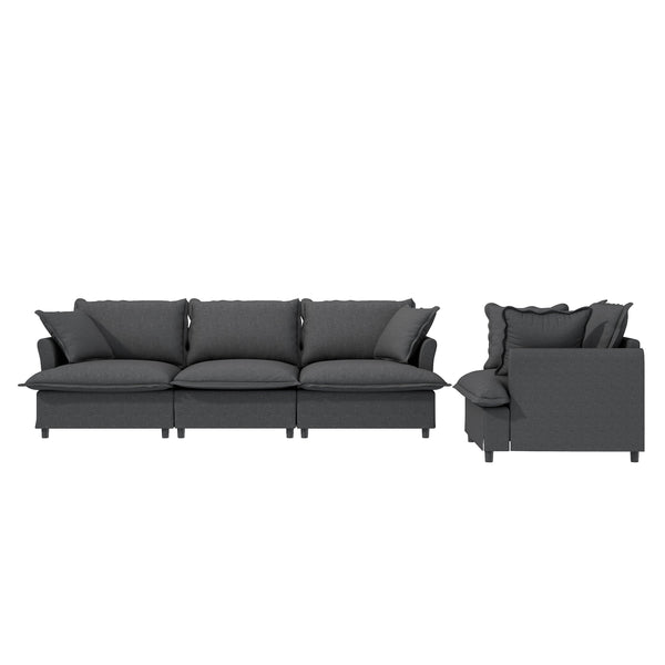 English Elm [New+Video] Modular Chenille Sofa Set with 3-Seater, Armchair & Ottoman—Skirted Design, Petal Arms, Removable Cushions, Plush Comfort and Durable Frame Gray N723S6059E