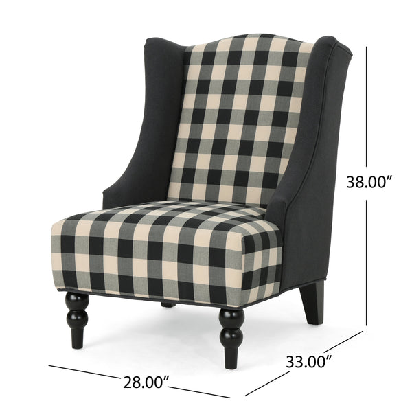 English Elm Christopher Knight Home® - TODDMAN High-Back Club Chair with Smooth Upholstery and Sloped Arms, Modern Wingback Comfort Black+White Scottie Dogs 64469.00BLKCHKDCHAR