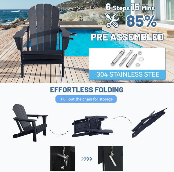 English Elm Adirondack Hdpe Folding Chair Set Outdoor Patio Fire Pit Seating with Cup Holder Black W1859P453284