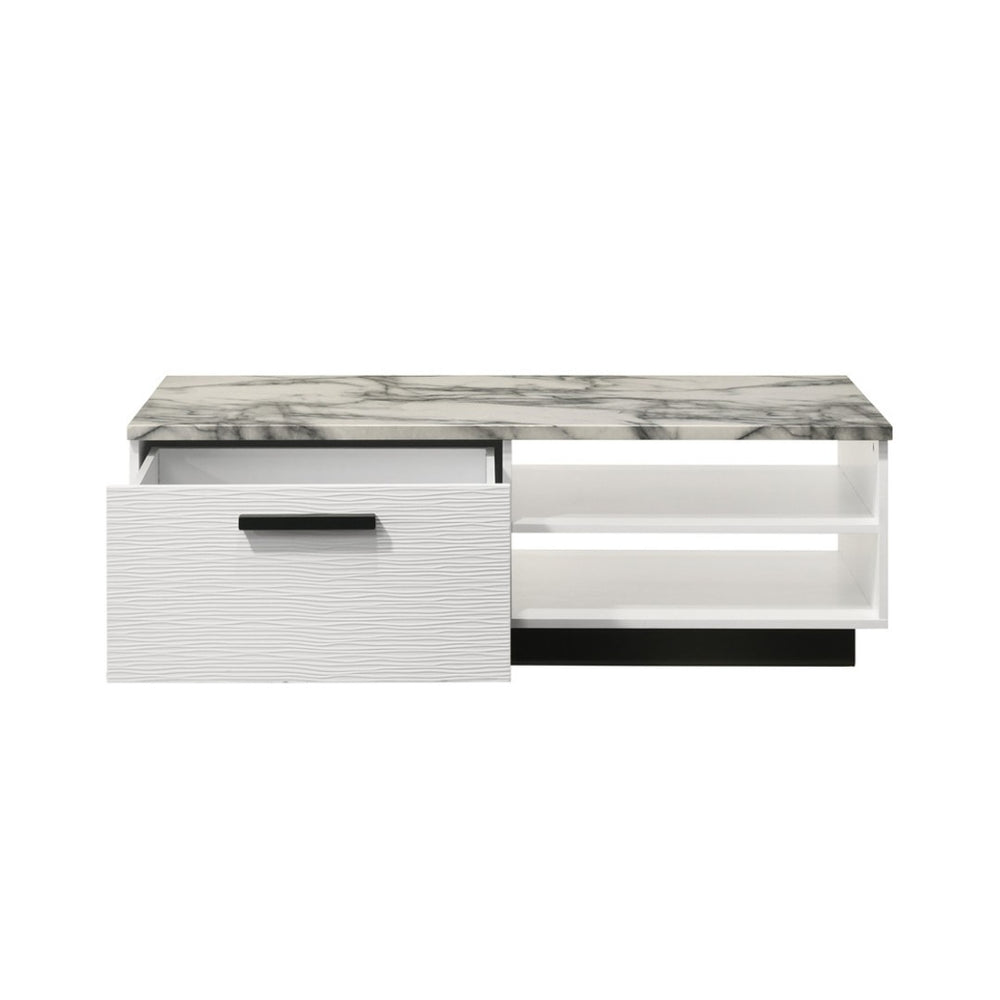 English Elm 47"w Faux Marble Coffee Table with Black Base Drawer and Open Shelf for Living Room B016P416195