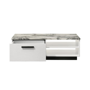 English Elm 47"w Faux Marble Coffee Table with Black Base Drawer and Open Shelf for Living Room B016P416195