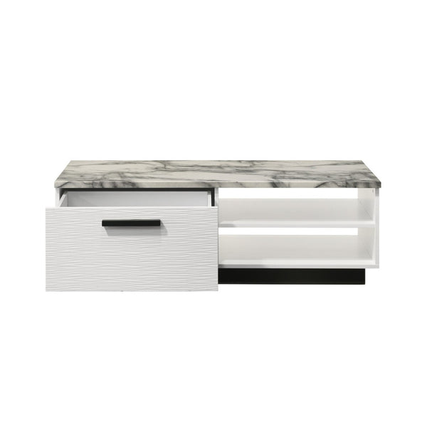 English Elm 47"w Faux Marble Coffee Table with Black Base Drawer and Open Shelf for Living Room B016P416195