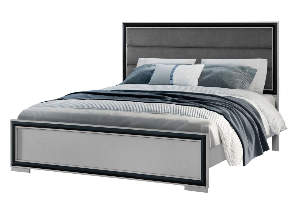 English Elm ADELAIDE King Bed with Upholstered Headboard, Solid Wood Frame, Sleek Silver Trim and LED Lighting Black,Grey 82 L x 7.5 W x 38.25 H B201S00089