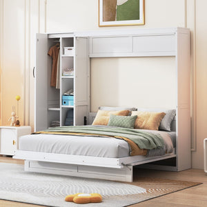 English Elm Queen Murphy Wall Bed with Led Lighting Open Shelves and Wardrobe Cabinet Storage White LP000899AAK-1