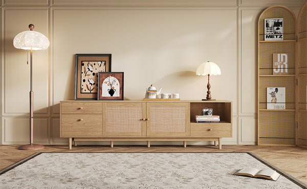 English Elm Boho Natural Rattan TV Stand for Up to 85" TVs, 3 Drawers + Cabinets & Open Shelves, Modern Wood console with organic texture and sturdy 110 lb capacity N710P339452P