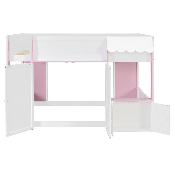 English Elm Twin House Loft Bed with Pull Out Rolling Desk Stair Drawers and Cabinet Storage N820S00074H