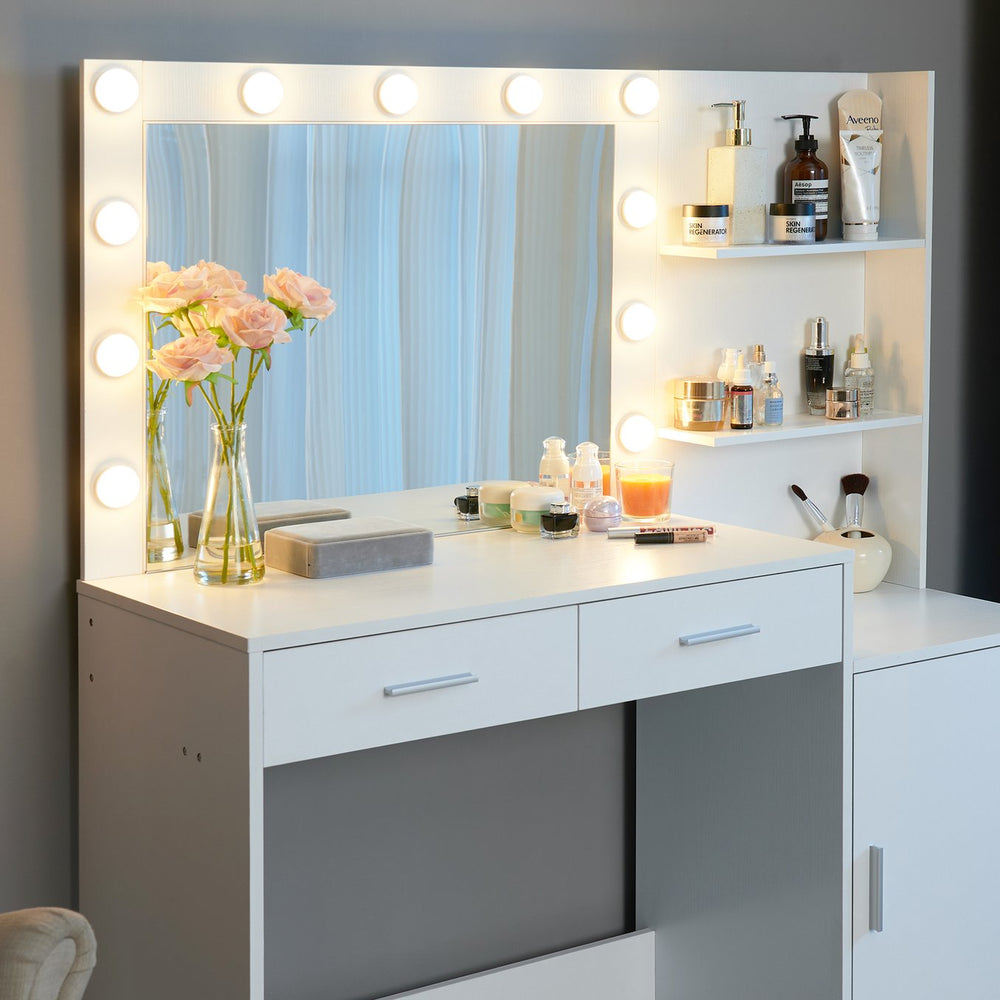 English Elm Vanity 46.4IN Dressing Table with LED Mirror Lights, 2 Spacious Drawers & Vertical Organizer, Eco-Friendly Surface and Adjustable Brightness for Bedroom Use White W2386P200041