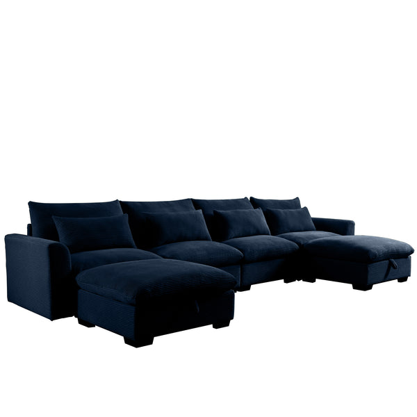 English Elm Big Deep Seat U-Shaped Corduroy Sectional Sofa with Storage Ottomans & Lumbar Pillows, Cozy Modular Design Blue W714S00654