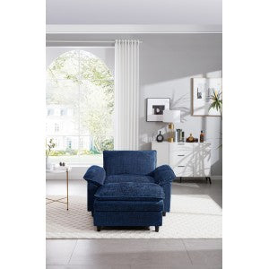 English Elm Accent Chair With Ottoman - Luxurious Chenille Oversized Sofa For Living Room, Bedroom, Office, Blue W2100S00175