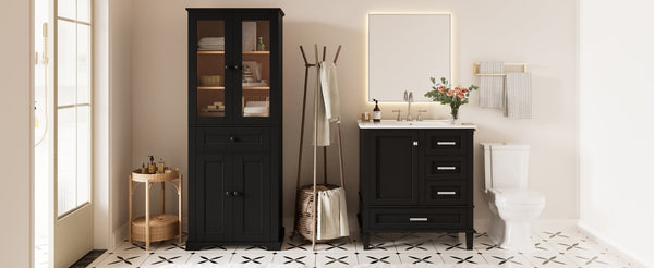 English Elm 67.57" Tall Matte Cabinet Vanity Combo with Glass Doors Soft-close Drawers Sink Black N729P000033B