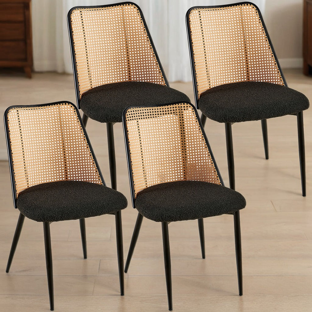 English Elm Black Rattan Dining Chairs Set Of 4 - Chic Boucle Upholstered Seating With Cane Back For Versatile Style W1164P218675
