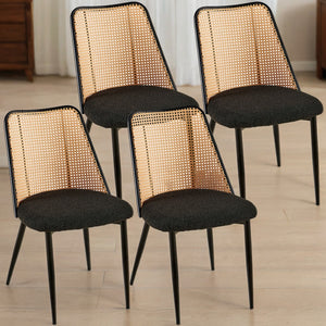 English Elm Black Rattan Dining Chairs Set Of 4 - Chic Boucle Upholstered Seating With Cane Back For Versatile Style W1164P218675