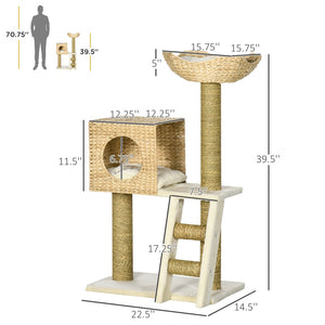English Elm Cat Tower with Cattail Woven Posts Condo Basket Bed Scratching Ladder Indoor T3971P432005