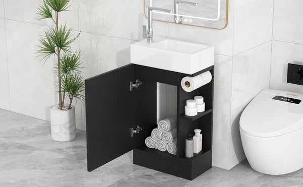 English Elm 18.6" Bathroom Vanity with Sink and Ceramic Top, MDF Cabinet with Door, TP Holder & Shelf Black N725P212181B