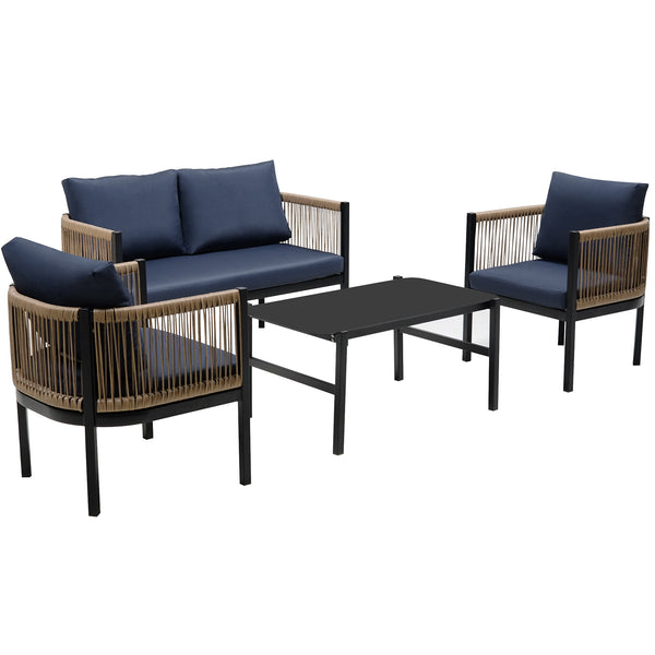 English Elm U_Style Outdoor Multi-Piece Sofa Set with Tempered Glass Table, Weather-Resistant Cushions for Patio Dark Blue WY000435AAV