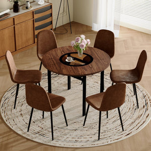 English Elm Table and Chair Set Round 42 Inch Wood Grain Dining with Tempered Glass and 6 Seats W1151S04478
