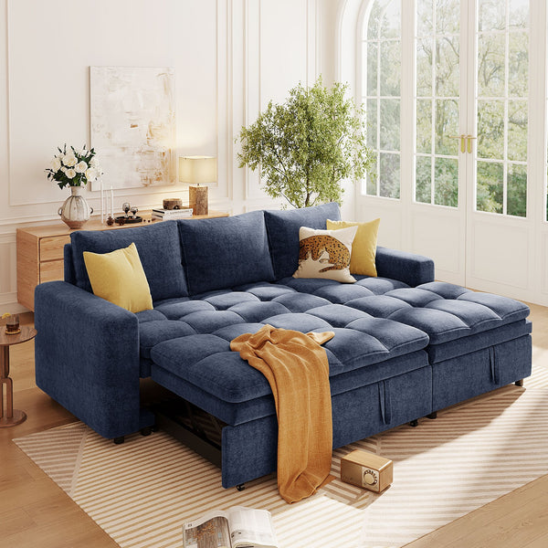 English Elm U_STYLE Plush Upholstered 3-Seater Sectional Sofa Bed with Storage, Space-Saving Comfort for Homes Blue WY000391AAC